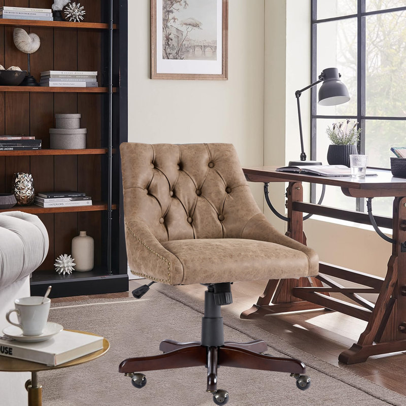 August Grove Swivel Home Office Chair Upholstered Armless Desk Chair With Adjustable Height And Wooden Legs Wayfair